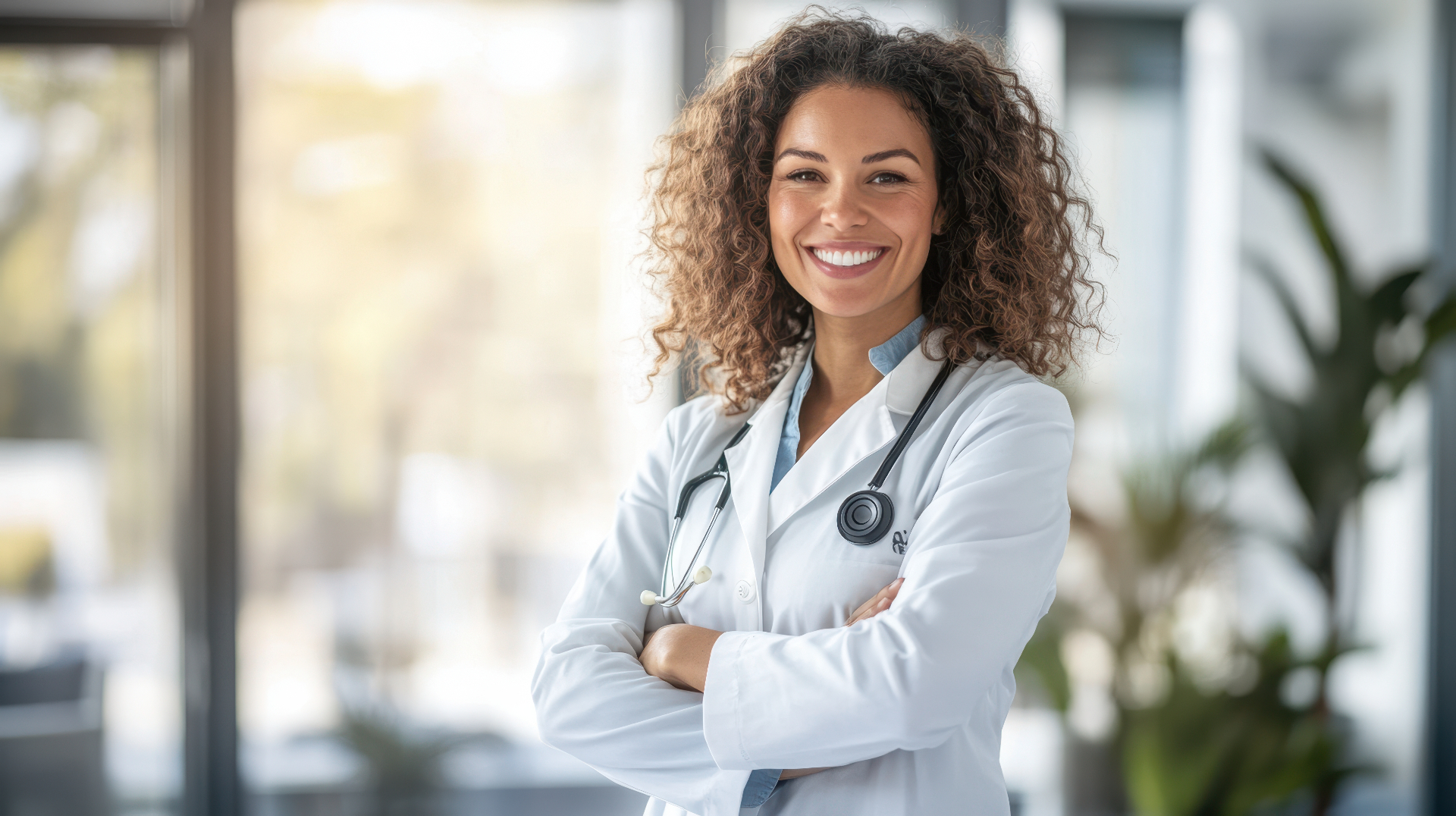 Médica sorrindo de braços cruzados em ambiente clínico